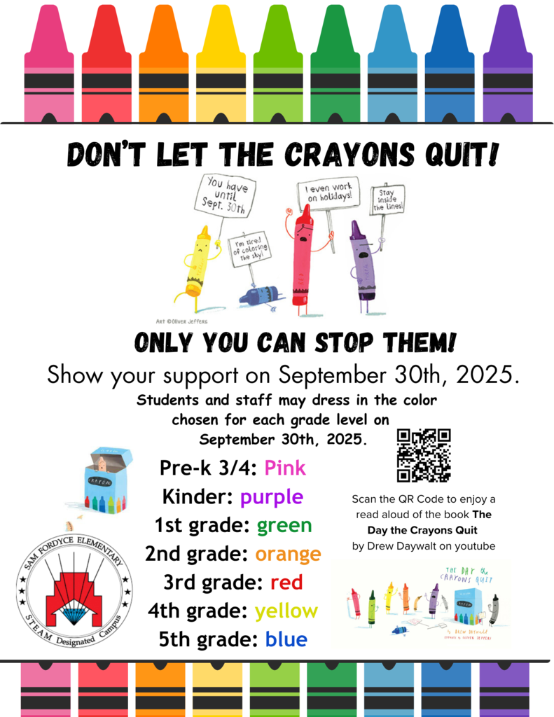 🖍️ Mark your calendars! On Sept. 30, we’re celebrating The Day the Crayons Quit! 🎉 Dress in your grade-level color & join the fun: Pre-K: Pink | Kinder: Purple | 1st: Green | 2nd: Orange | 3rd: Red | 4th: Yellow | 5th: Blue