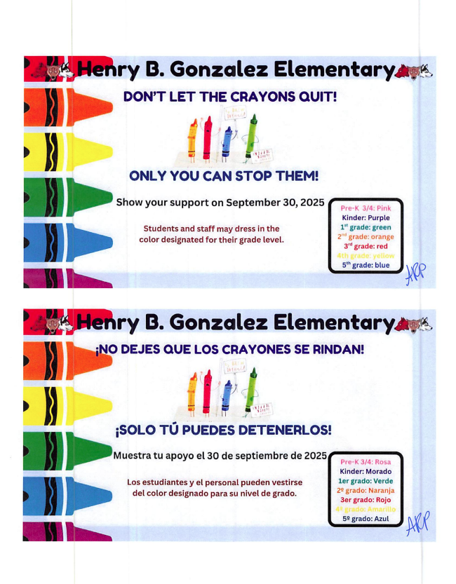 Flyer of "The day the crayons quit" Dress up in a different color by grade level.