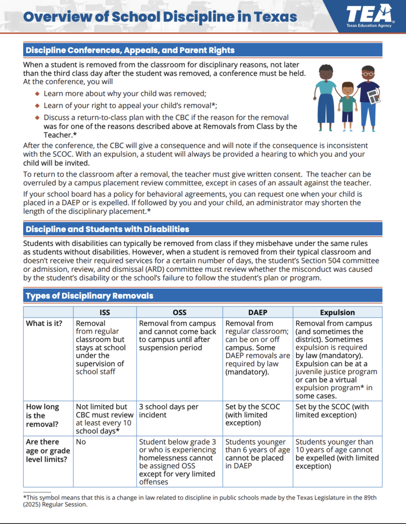 flyer of overview of Texas student discipline