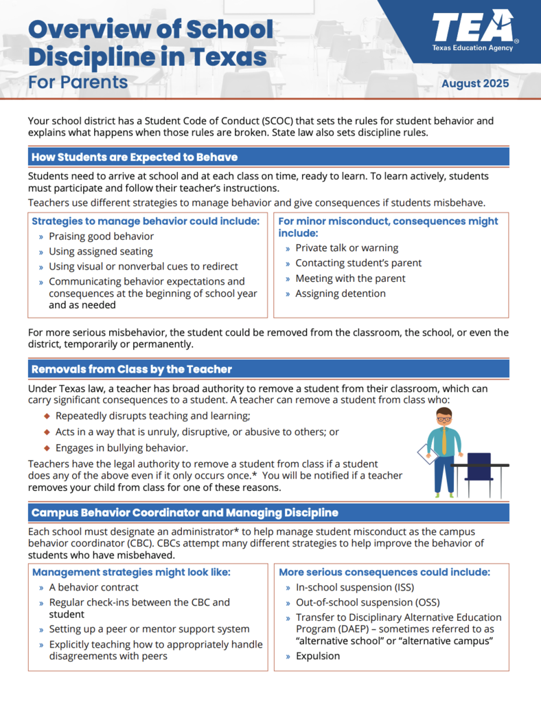 flyer of overview of Texas student discipline