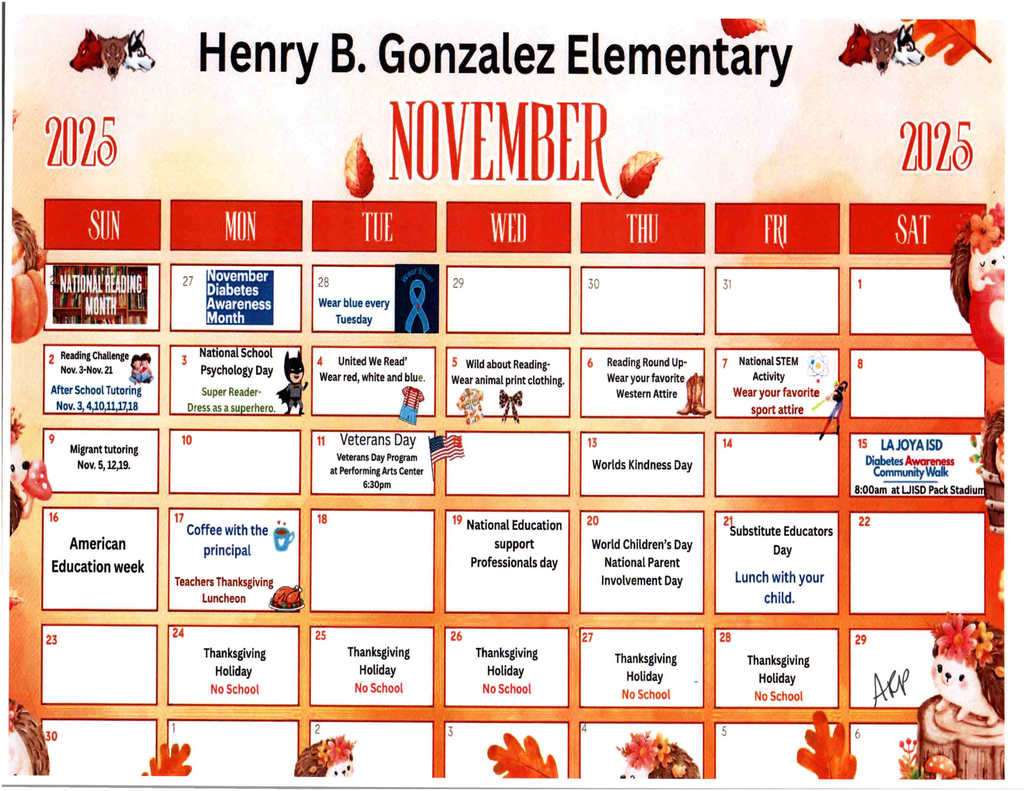 November Calendar of events