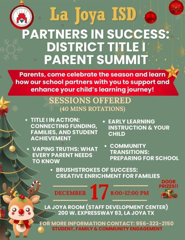 Reminder: The District Title I Parent Summit is happening on December 17 from 8 AM to 12 PM. šāØ ------------- Recordatorio: La Cumbre de Padres del TĆtulo I serĆ” el 17 de diciembre de 8 AM a 12 PM. šāØ