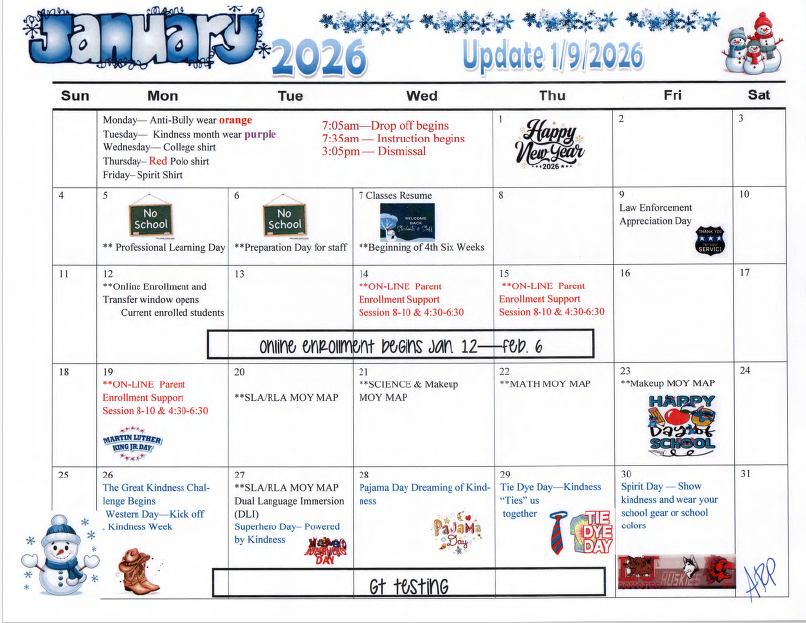 Updated January Calendar of Events