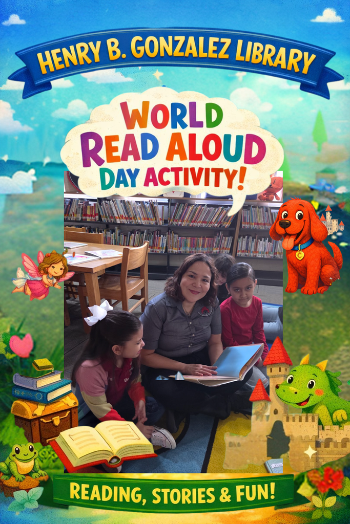 celebrating world read aloud day at the library by students reading books together with their peers.