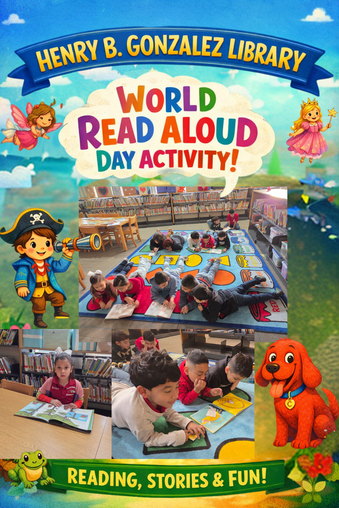 celebrating world read aloud day at the library by students reading books together with their peers.