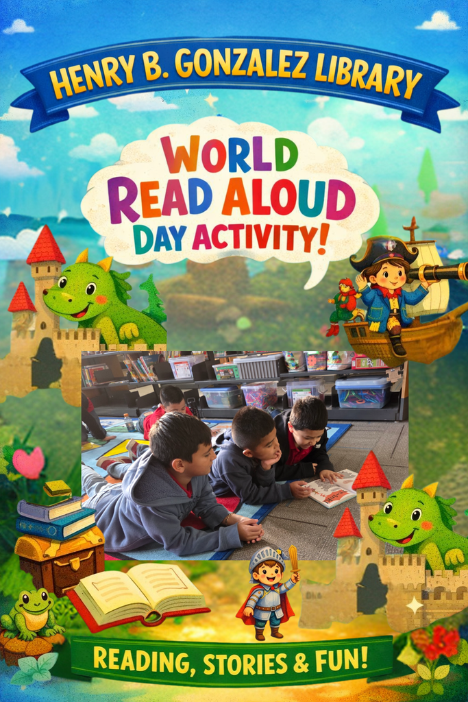 celebrating world read aloud day at the library by students reading books together with their peers.