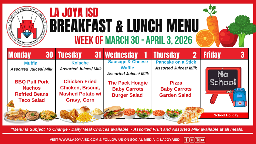 LJISD School Lunch Menu Week of March 30 - April 3, 2026