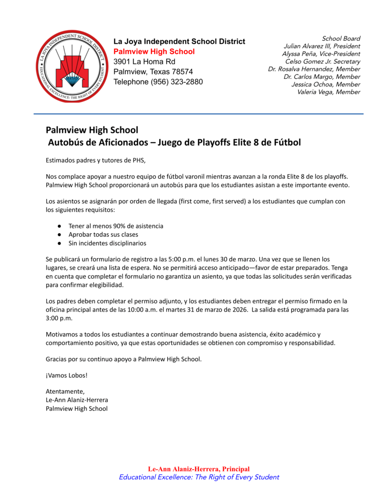 Palmview High School Fan Bus - Boys Soccer Elite 8 Playoff Game