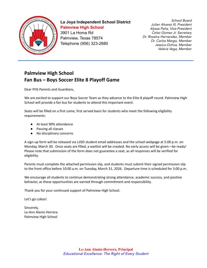Palmview High School Fan Bus - Boys Soccer Elite 8 Playoff Game
