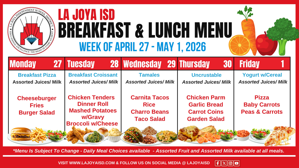 School Breakfast and Lunch for the Week of April 27 - May 1