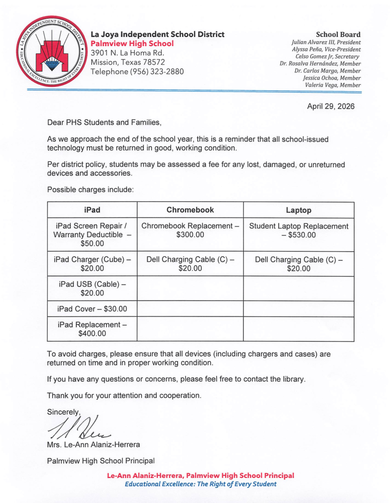 End of Year Tech Checkout Letter
