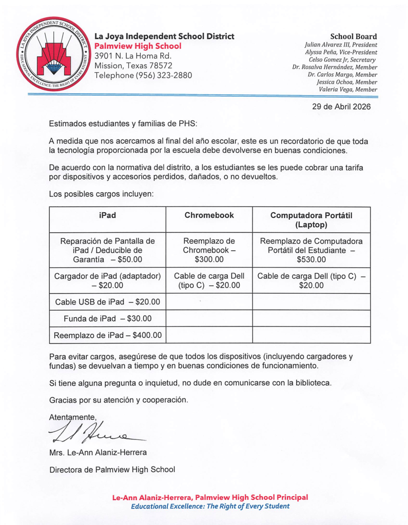 End of Year Tech Checkout Letter
