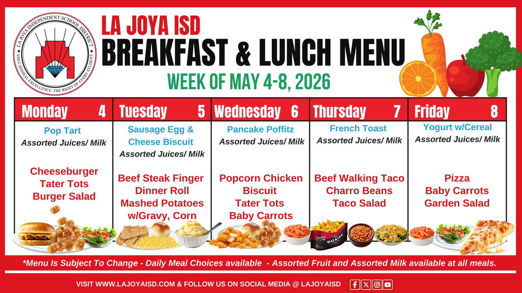 Breakfast and Lunch Menu for May 4-8