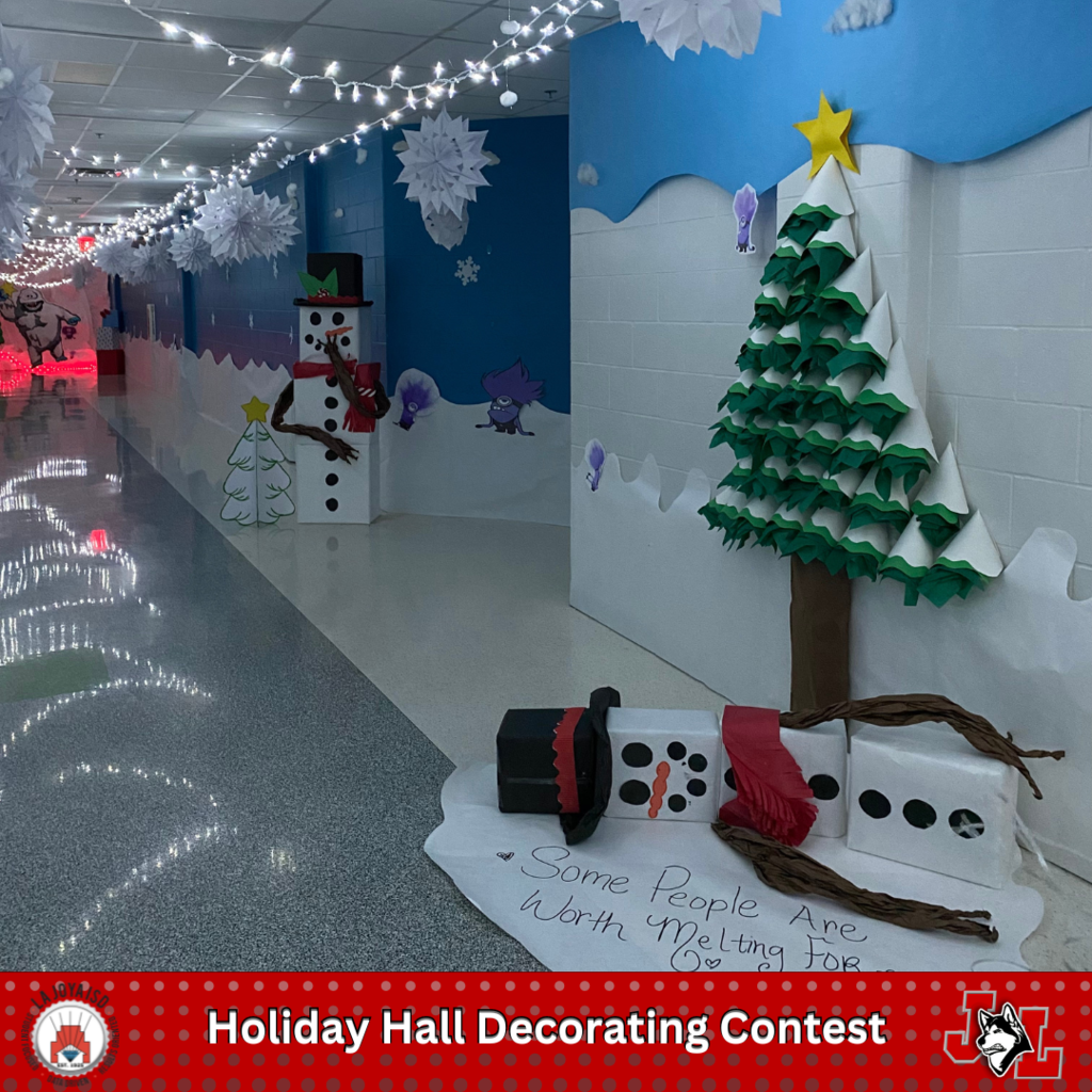 hall decorated for Christmas