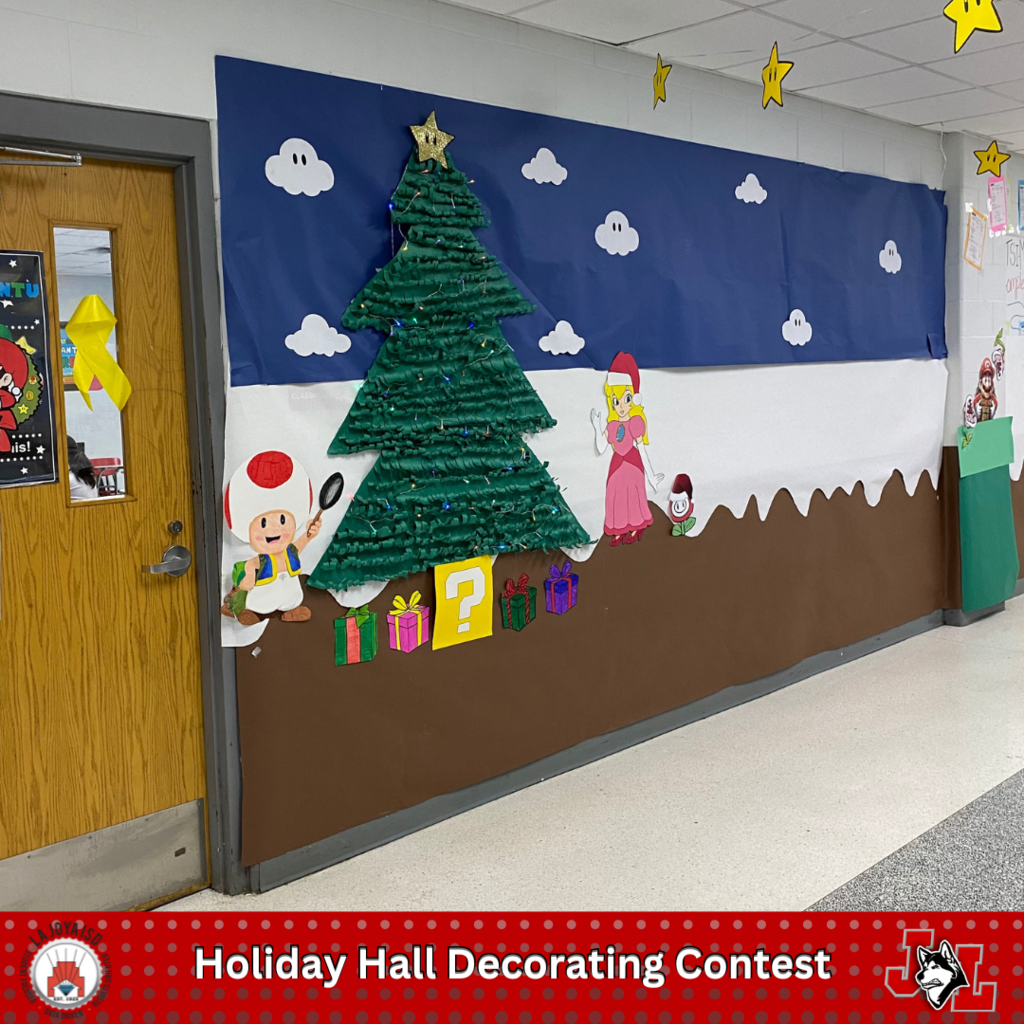hall decorated for Christmas