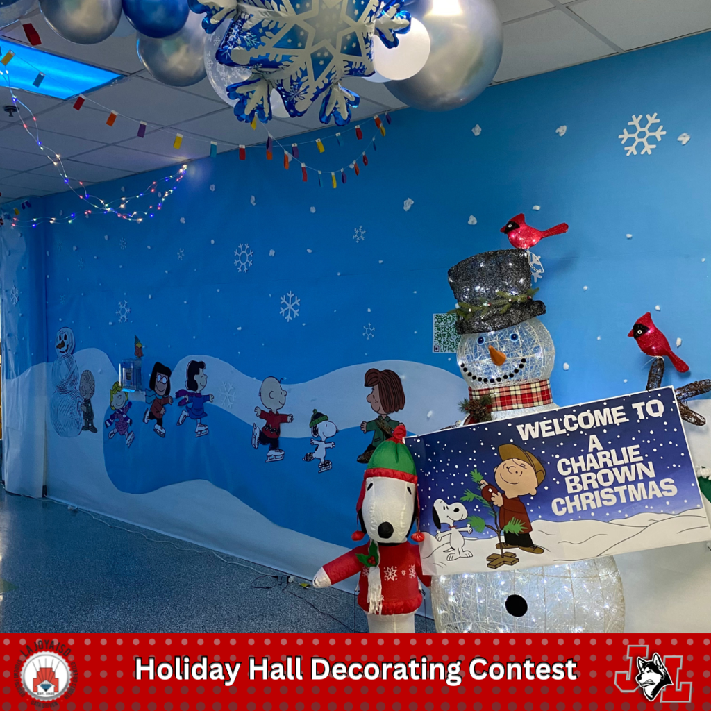 hall decorated for Christmas