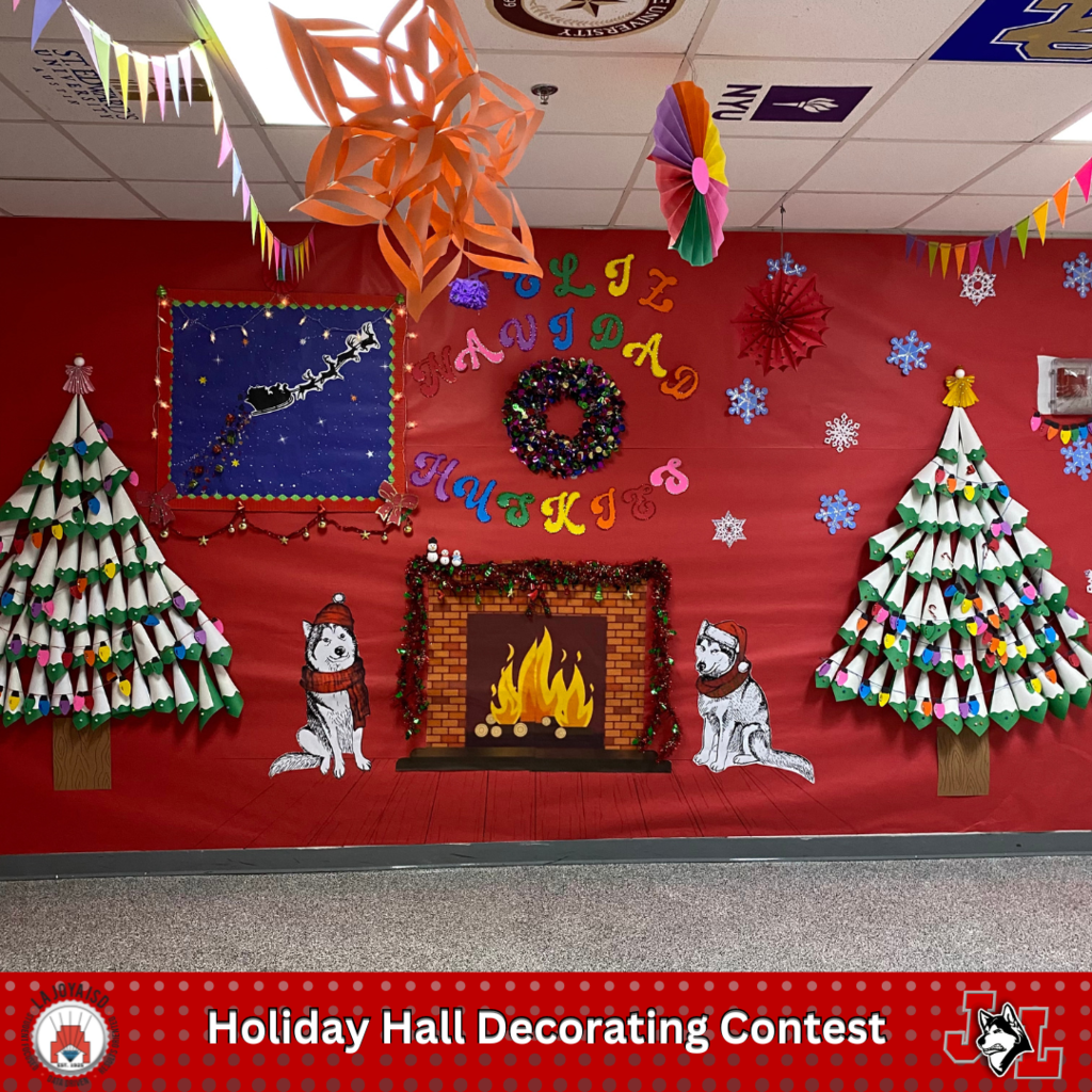 hall decorated for Christmas