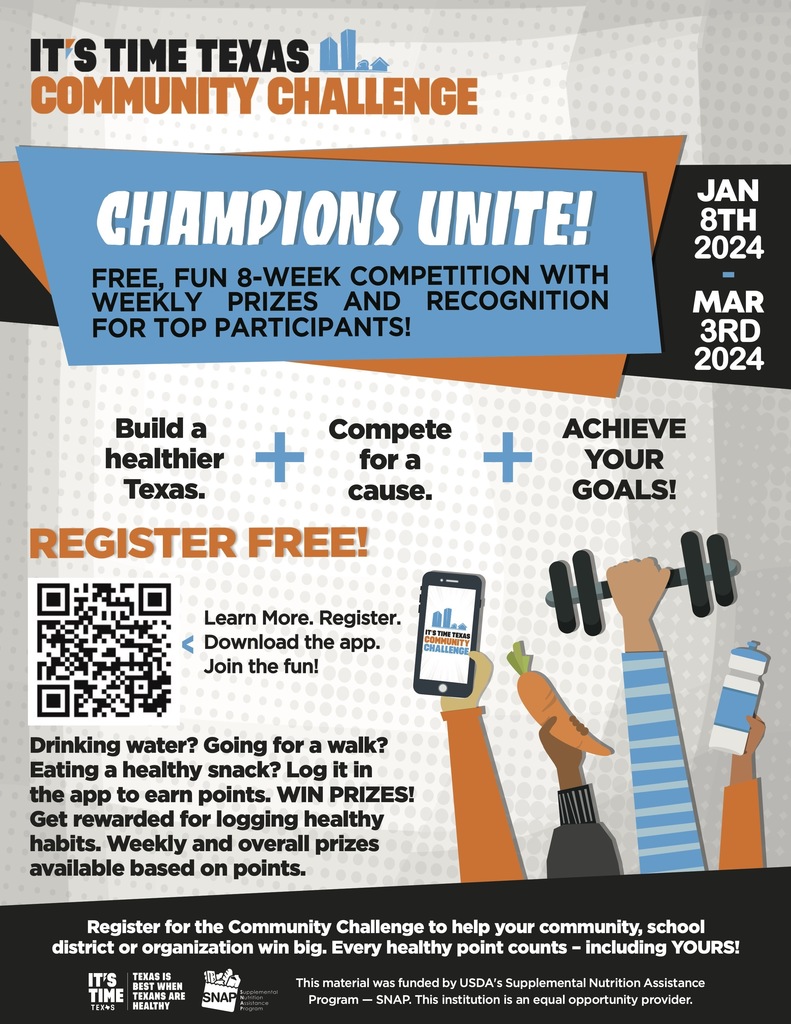 📣 La Joya ISD, answer the call and unite with us in embracing the 2024 It’s Time Texas Community Challenge! 🌟 The Challenge is in full swing, running until March 3, 2024. 💪🏼🏋🏼♂️ Let's collaborate to enhance our community's health, one point at a time. Don't hesitate, register today and be part of the transformation! 🏃♀️🌱