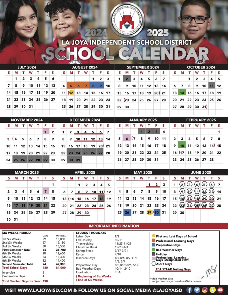 📅🎉 The La Joya ISD 2024-2025 Approved District Calendar is now available! 🌟 Get ready for another fantastic academic year filled with learning and growth. Check out the calendar and start planning your year ahead! 📚