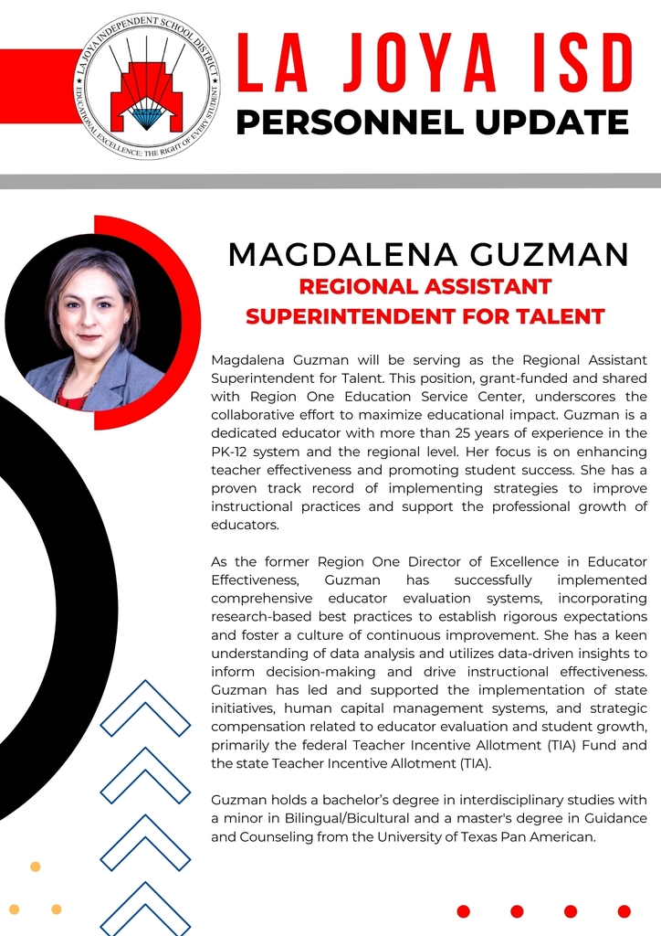 🎉 Exciting news! 🌟 Meet Magdalena Guzman, our new Regional Assistant Superintendent for Talent. This position, grant-funded and shared with Region One Education Service Center, underscores our commitment to collaboration and maximizing educational impact. With her wealth of experience and dedication to student success, we're ready to soar to new heights! Welcome, Magdalena! 🚀