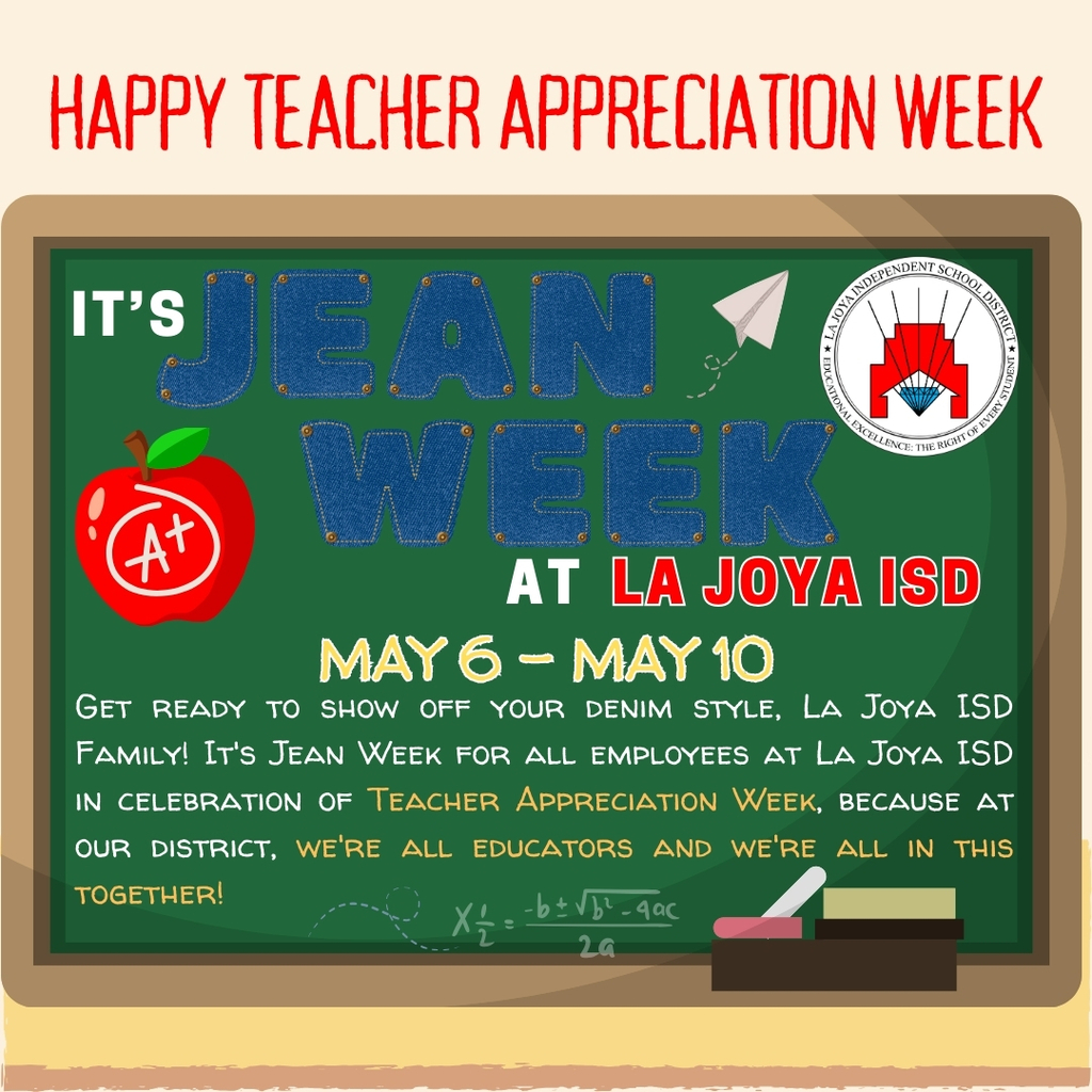 👖✏️ ✨ Get ready to rock your denim, La Joya ISD Family! 🎉 It's Jean Week for all employees at La Joya ISD, celebrating Teacher Appreciation Week with style because, at our district, we're all educators and we're all in this together! 🍎📚✏️ 💯 #TeacherAppreciationWeek