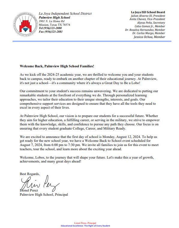 Principal's Welcome Back Message