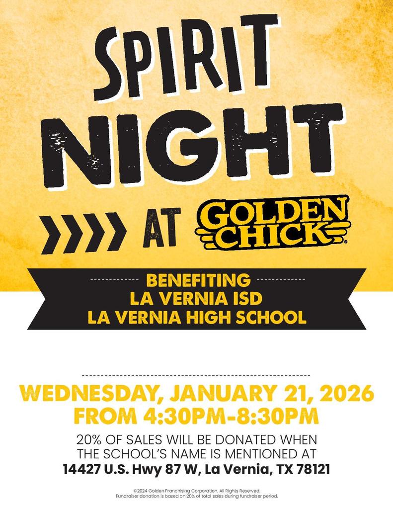 Spirit Night at Golden Chick benefiting La Vernia High School - Jan. 21, 2026 from 430-830pm