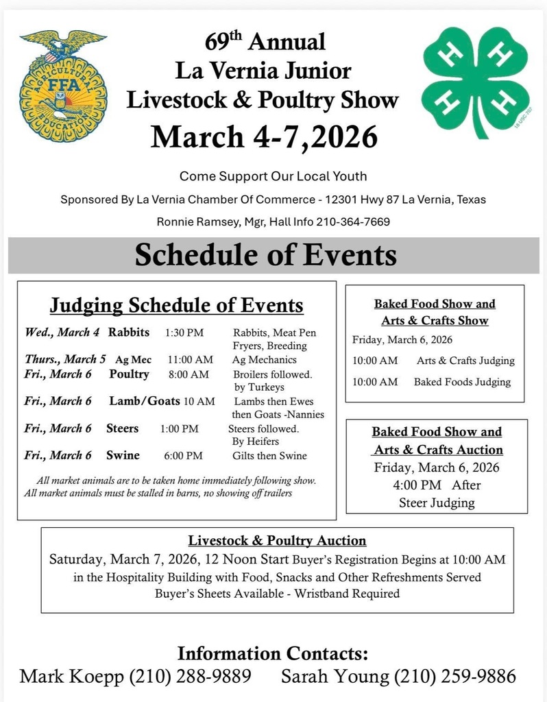 La Vernia Junior Livestock & Poultry Show Schedule of Events