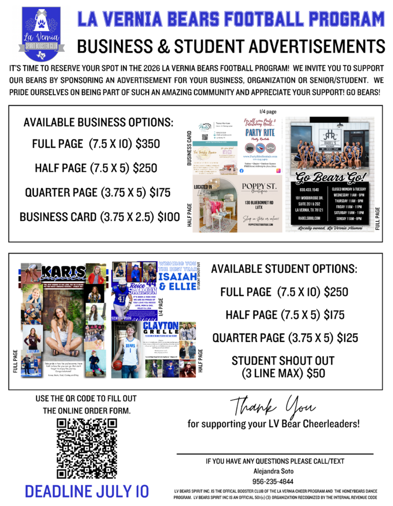 La Vernia Bears Football Program Business and Student Advertisements