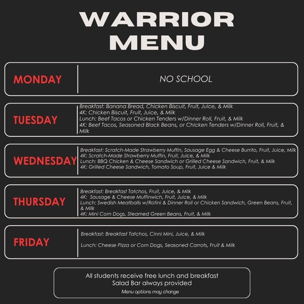 Warrior Cafeteria Weekly Menu 10 13 10 17