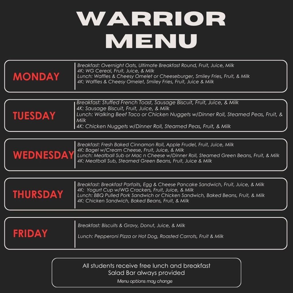 Warrior Cafeteria Weekly Menu 10 20 10 24