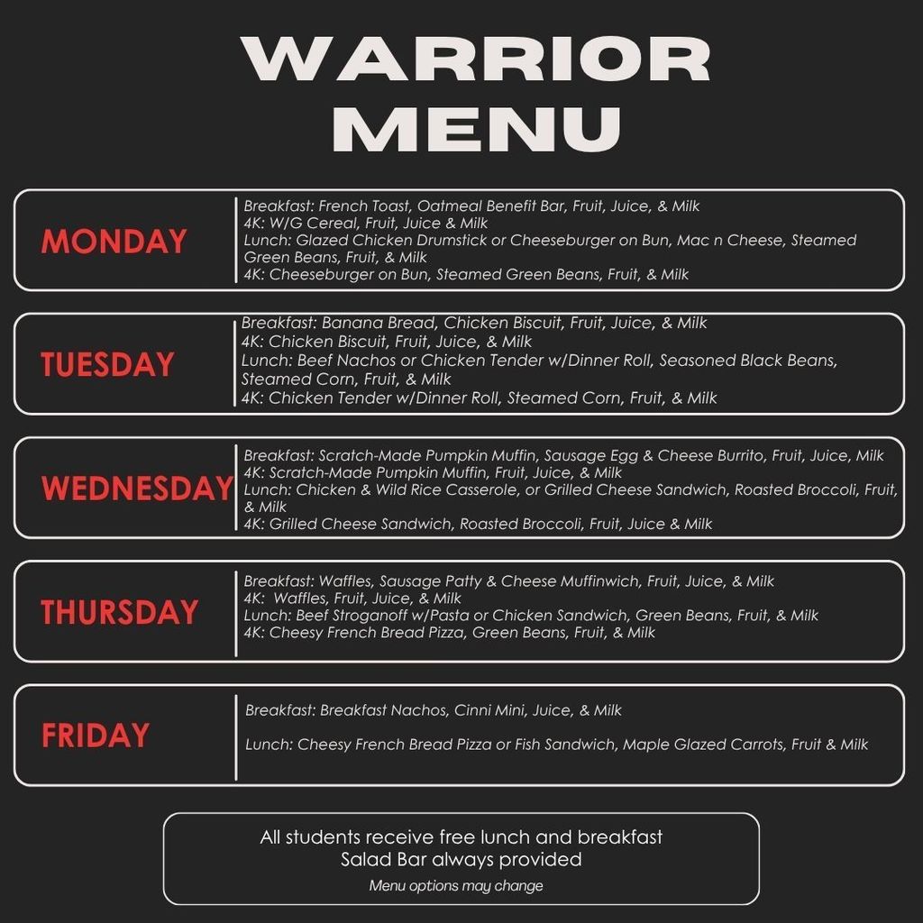 Warrior Cafeteria Weekly Menu 10 27 10 31