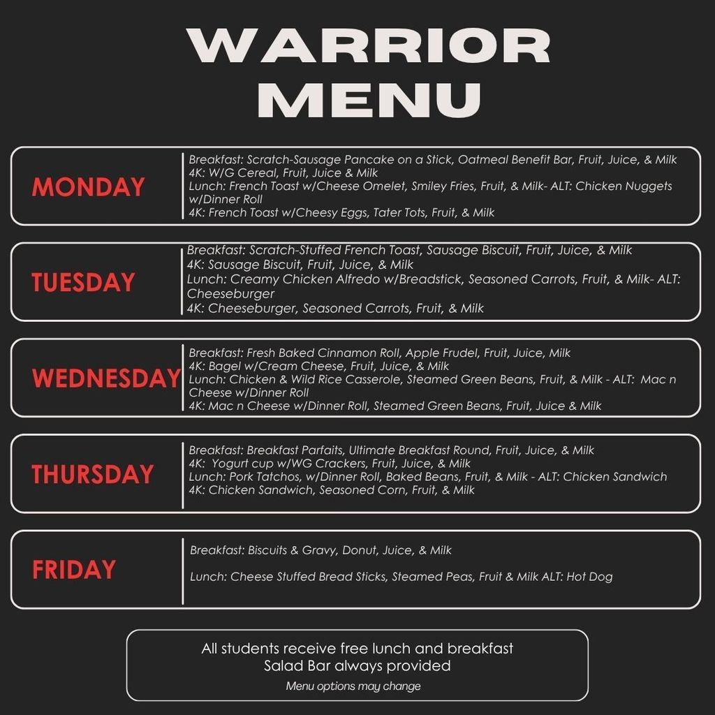 Warrior Cafeteria Weekly Menu 11 3 11 7