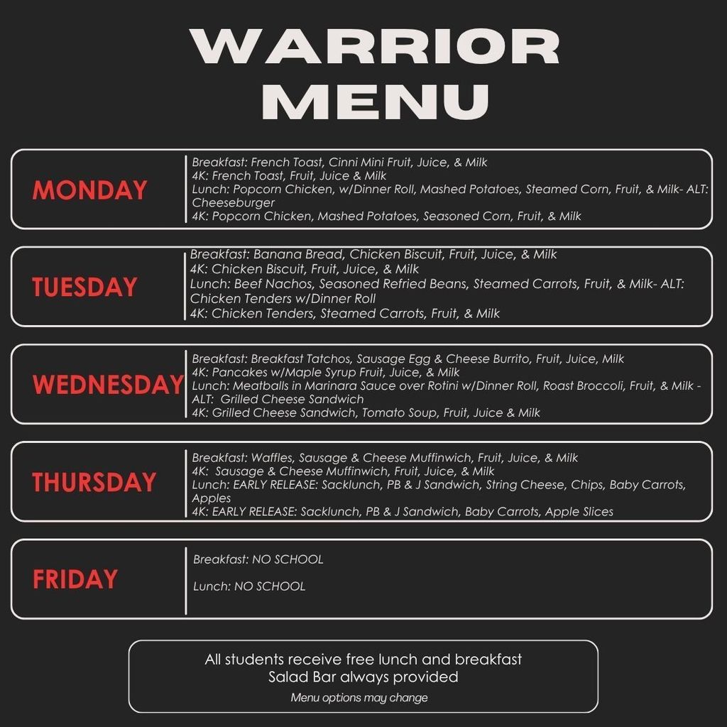 Warrior Cafeteria Weekly Menu 11 10 11 14