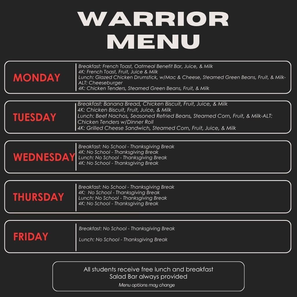Warrior Cafeteria Weekly Menu 11 24 11 28