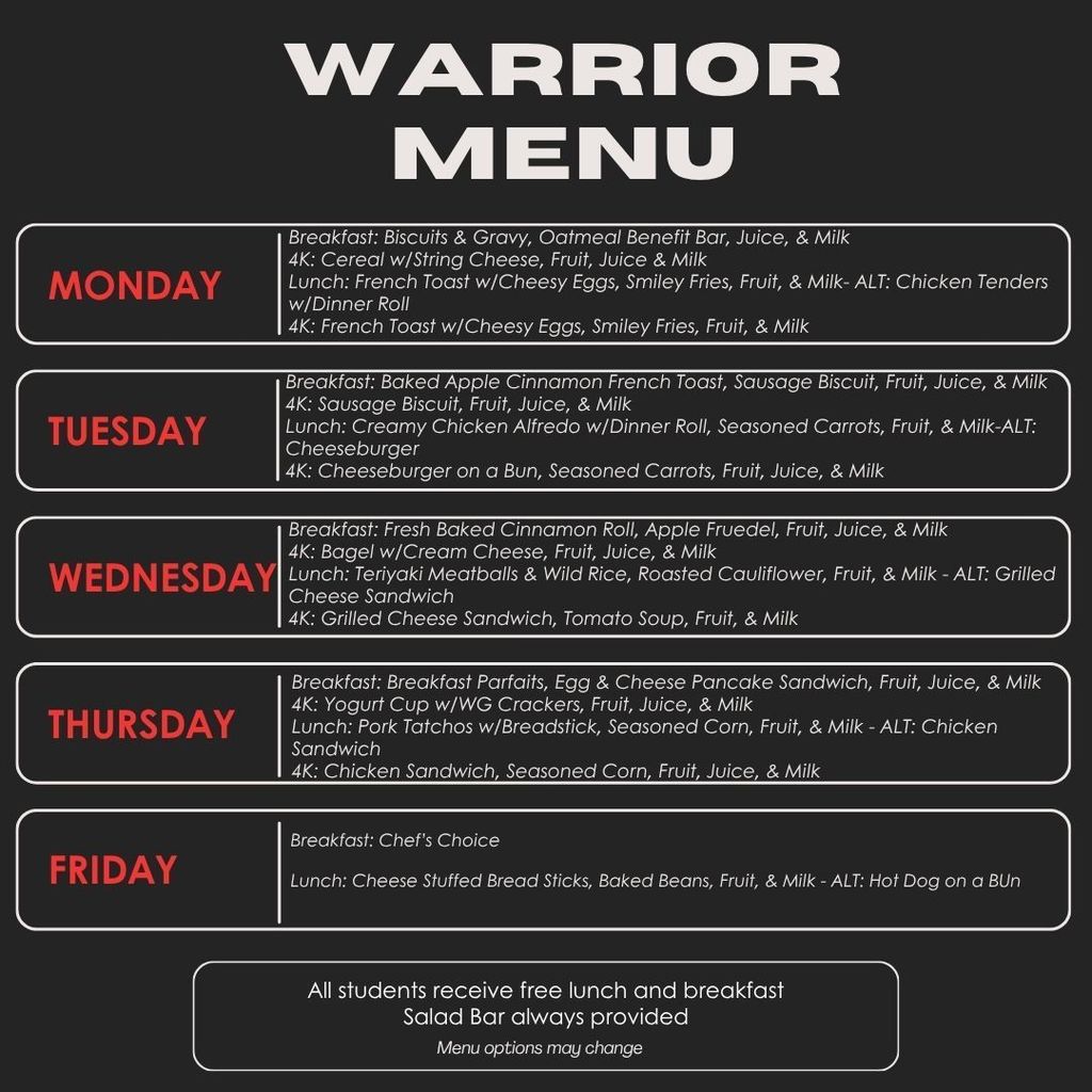 Warrior Cafeteria Weekly Menu 12 1 12 5