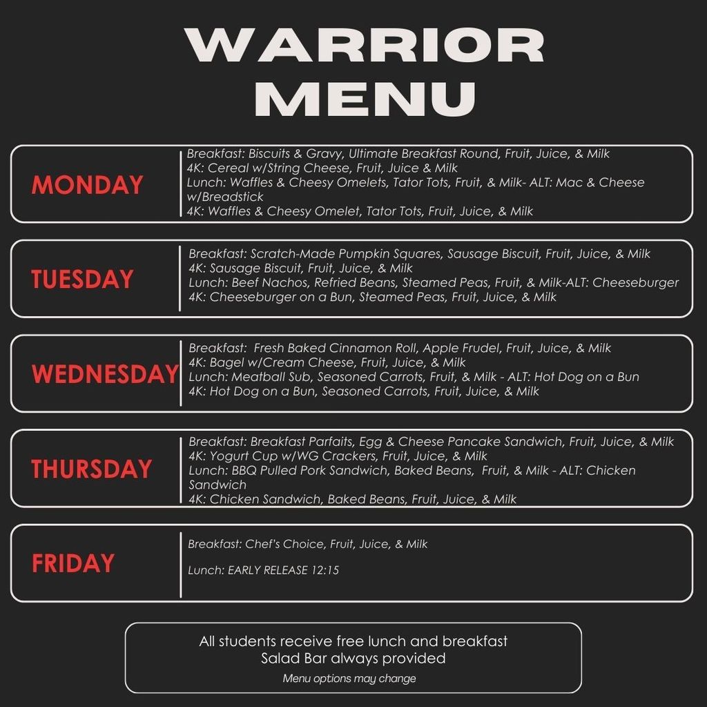 Warrior Cafeteria Weekly Menu 12 15 12 19