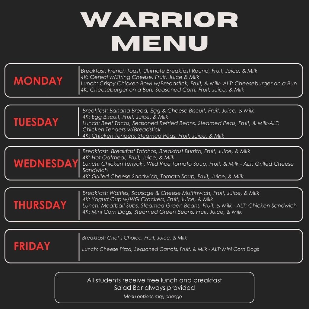 Warrior Cafeteria Weekly Menu 1 5 1 9