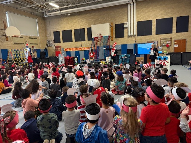 Students gather in the gym for Dr. Suess Week.