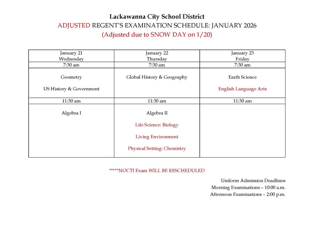 LCSD adjusted regents exam schedule