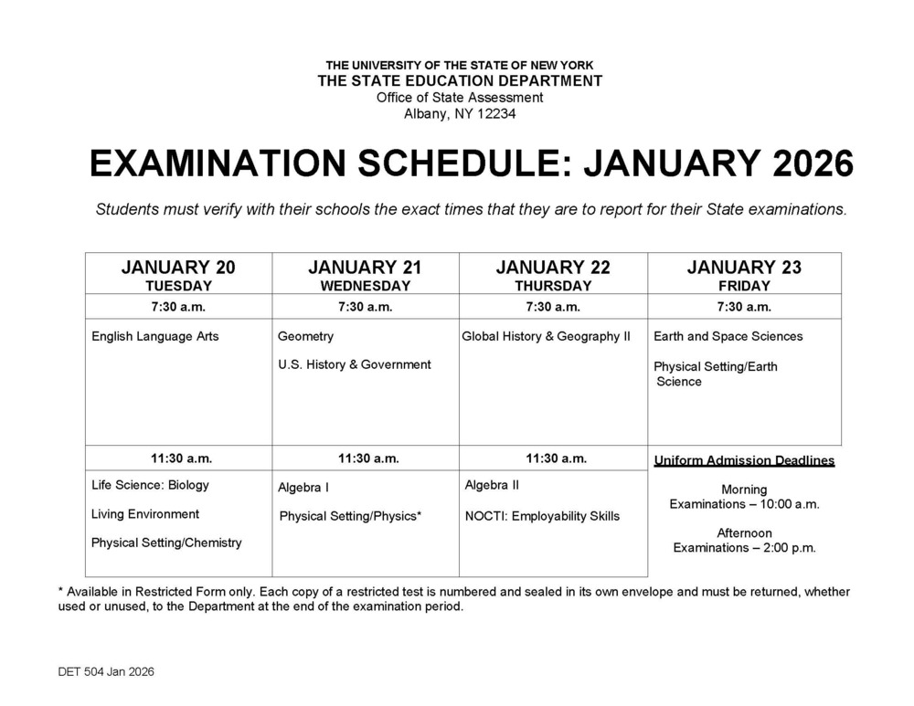 January Regents Schedule