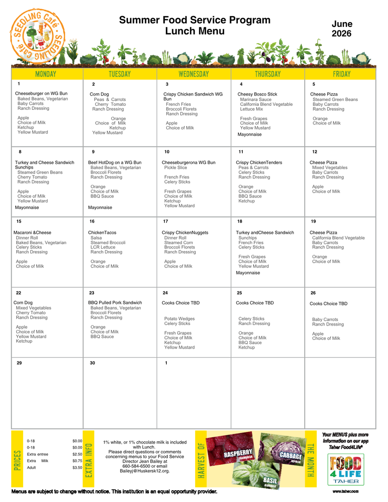 Summer School Menus