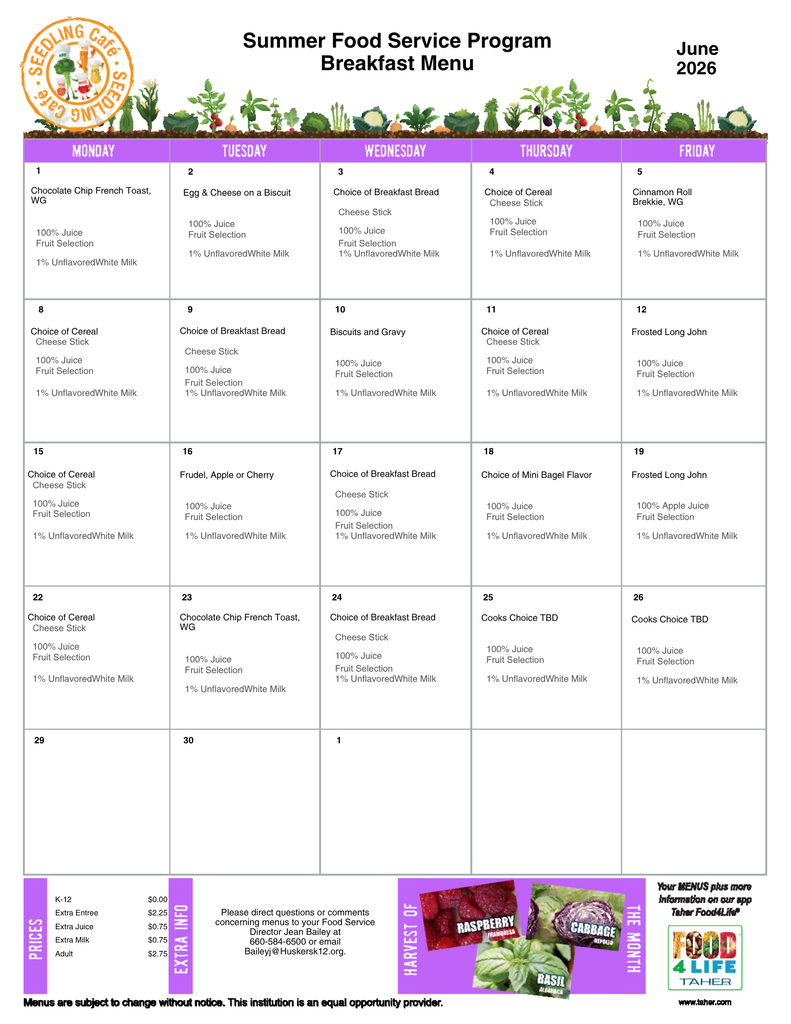 Summer School Menus
