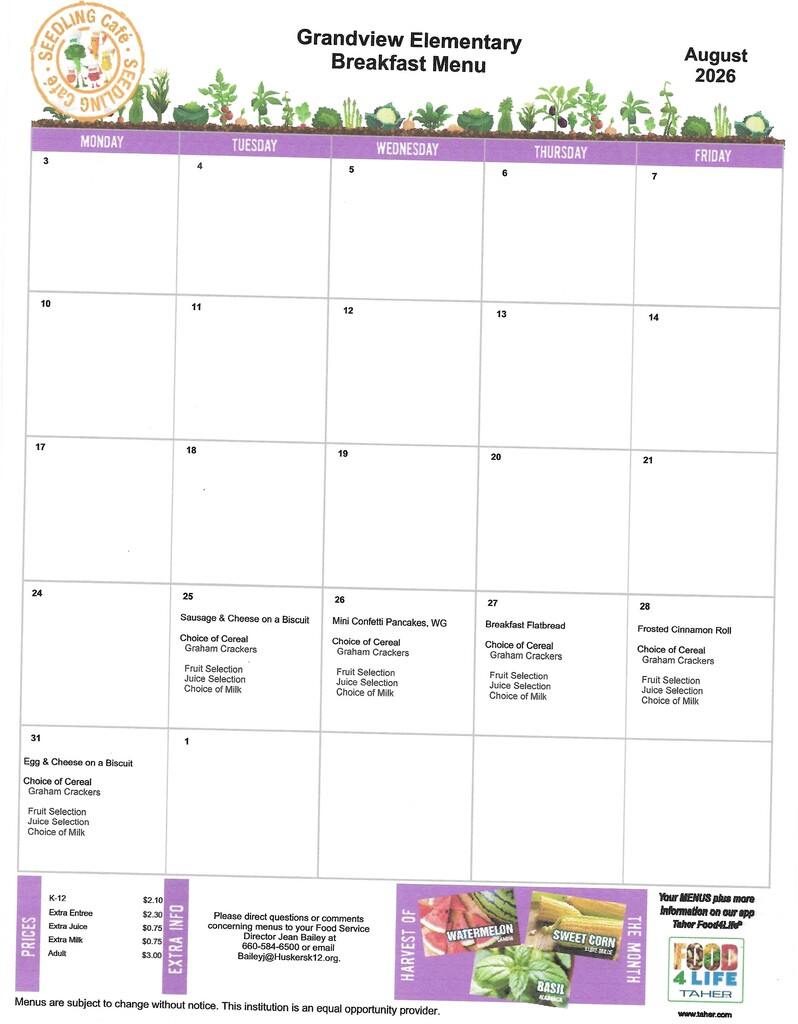 August Breakfast Menus