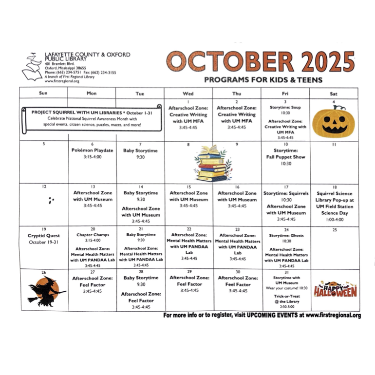October 2025 program calendar for Kids & Teens copy