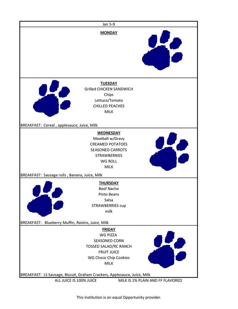 Elementary Lunch Template WEEK 1 JT Jan 5-9