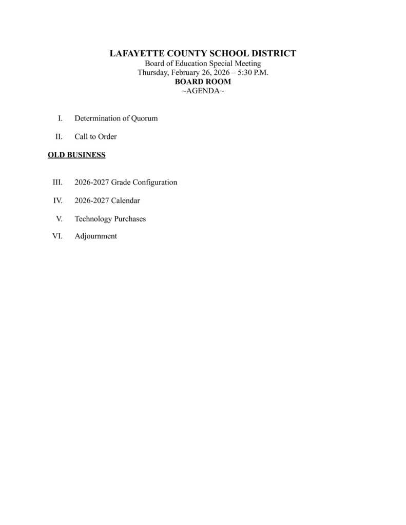 February 26, 2026 Special Board Meeting Agenda