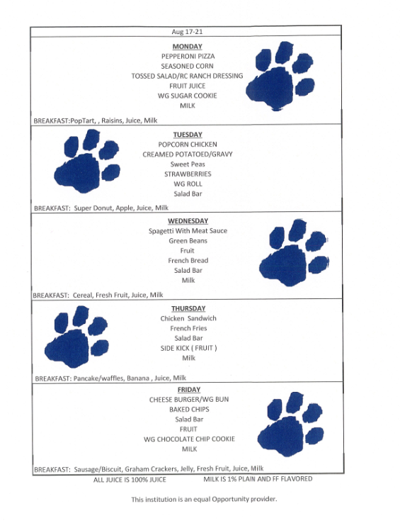 August 17-21, 2026 Menu
