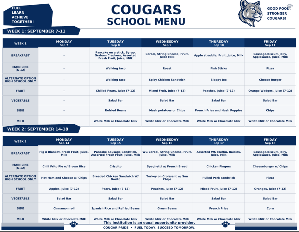 Sept 8-18th Menus