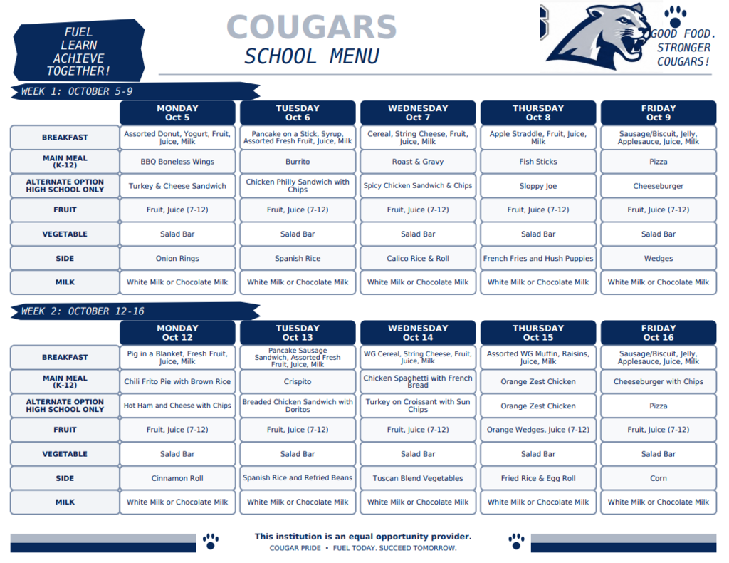 October 5-16th Menu
